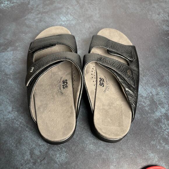 SAS Women's Cozy Slide Sandal Black Leather Comfort Shoe Adjustable Strap Size 7 - Picture 5 of 11